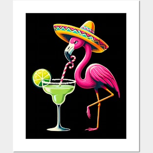 Funny flamingo drinking a margarita Posters and Art